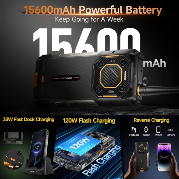 Ulefone Armor 26 Ultra Walkie Talkie 5G Rugged Phone, MTK Dimensity 8020 24GB+512GB, 200MP Quad Camera, 15600mAh(120W), 33W Dock Charging, 121dB Speaker, 6.78" FHD+ Corning Gorilla Screen, Android 13 - Image 9