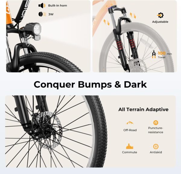 Jasion EB5 Electric Bike for Adults with Peak 500W Brushless Motor, 40Miles 20MPH Commuting Electric Mountain Bike with 360Wh Removable Battery, 7-Speed, 26" Tires and Front Fork Suspension - Image 10