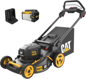 Cat DG670 60V 21” Cordless Lawn Mower 3-In-1 Cutting Modes, Brushless Lawn Mower with TorqLogic, Easy-Adapt Walk-Behind Push Lawn Mower – Battery & Charger Included, Black, Yellow