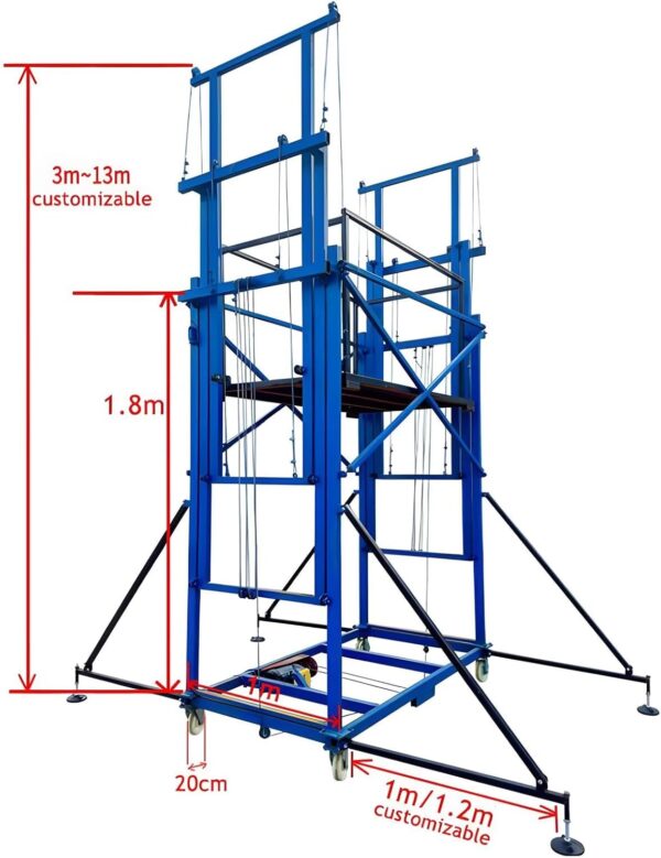 1100LBS Electric Mobile Scaffolding Platform,13M/42FT Raising Height,Electric Wire Rope Scaffolding Lift,Assembled Electric Adjustable Scaffolding with PA1500 Winch Hoist and Outrigger Guardrail - Image 4