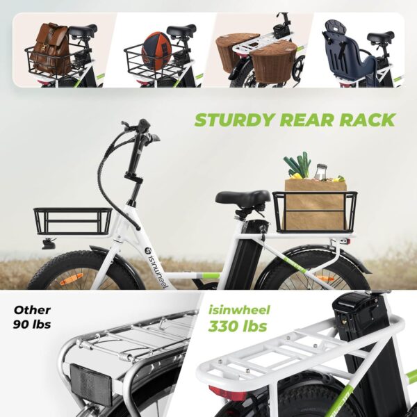 isinwheel U7 Electric Bike for Adults, 20 mph Cargo Ebike 1000W Peak Adult Electric Bicycles, 55 Miles Range E Bike, 48V 10.4Ah Removable Battery, 7 Speed Gearshift, 20" Step Thru Ebikes for Adults - Image 6