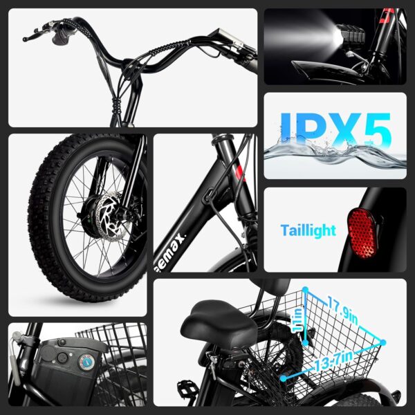 Geemax Electric Tricycle for Adults, 20" x 4.0 Fat Tire Electric Trike, 36V 350W 13Ah Lithium Battery UL Certified, Motorized 3 Wheel Electric Bicycle with Large Basket Outdoor Beach Sonw - Image 6