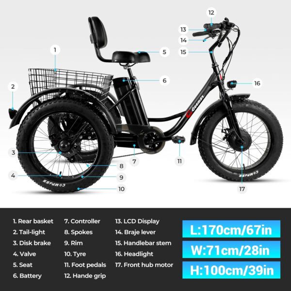 Geemax Electric Tricycle for Adults, 20" x 4.0 Fat Tire Electric Trike, 36V 350W 13Ah Lithium Battery UL Certified, Motorized 3 Wheel Electric Bicycle with Large Basket Outdoor Beach Sonw - Image 3