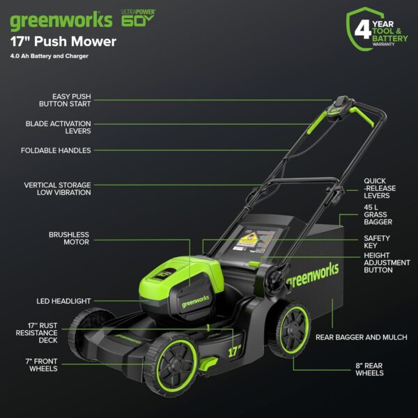 Greenworks 60V 17" Brushless (Push) Lawn Mower, 4.0Ah Battery and 3A Charger - Image 5