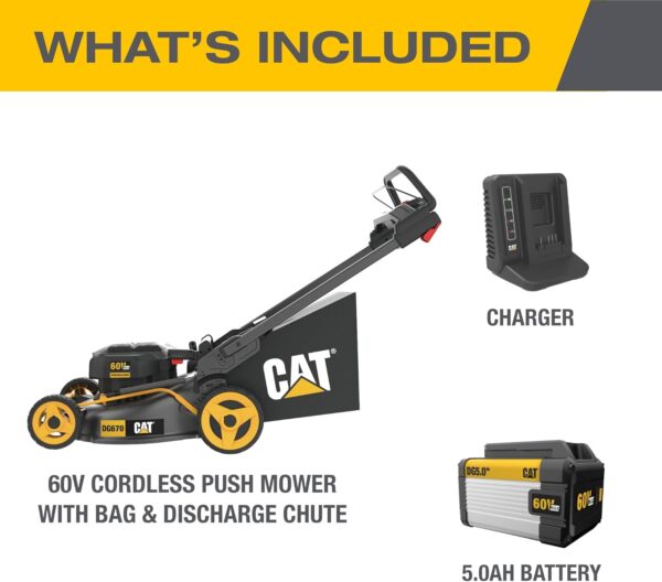Cat DG670 60V 21” Cordless Lawn Mower 3-In-1 Cutting Modes, Brushless Lawn Mower with TorqLogic, Easy-Adapt Walk-Behind Push Lawn Mower – Battery & Charger Included, Black, Yellow - Image 4