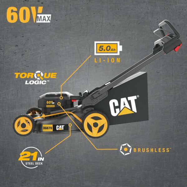 Cat DG670 60V 21” Cordless Lawn Mower 3-In-1 Cutting Modes, Brushless Lawn Mower with TorqLogic, Easy-Adapt Walk-Behind Push Lawn Mower – Battery & Charger Included, Black, Yellow - Image 5