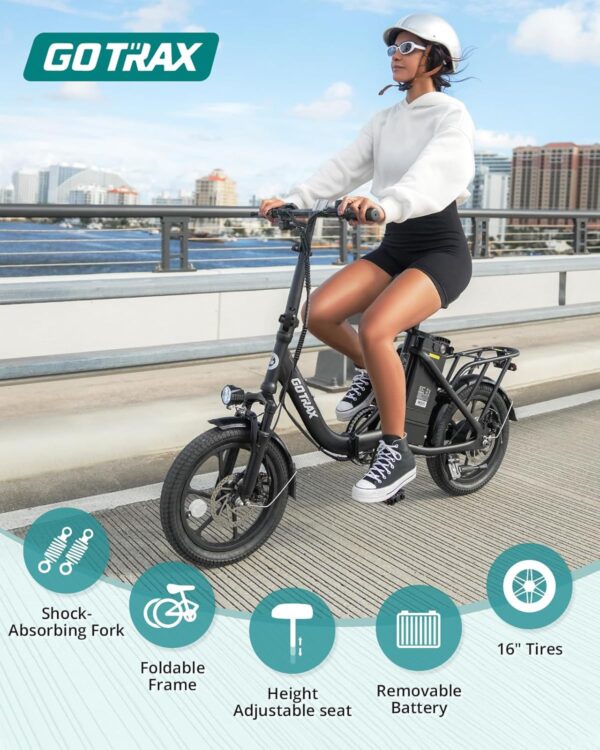 Gotrax 16" Folding Electric Bike, Max 28Miles Range(Pedal-Assist) & Speed 15.5Mph Power by Peak 500W, E-Bike with Removable Battery, Suspension & Adjustable Size, Commuter Bicycle for Adults/Teens - Image 10