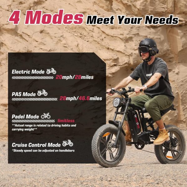 E2/K20 Electric Bike for Adults, 48V 13Ah/15Ah Battery, Up to 28 MPH & 46.6/60 Miles (PAS), 750/1000W Peak Ebike with All-Terrain 20"/26'' Fat Tires, UL Certified, Moped E-Bike - Image 5