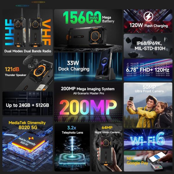 Ulefone Armor 26 Ultra Walkie Talkie 5G Rugged Phone, MTK Dimensity 8020 24GB+512GB, 200MP Quad Camera, 15600mAh(120W), 33W Dock Charging, 121dB Speaker, 6.78" FHD+ Corning Gorilla Screen, Android 13 - Image 3